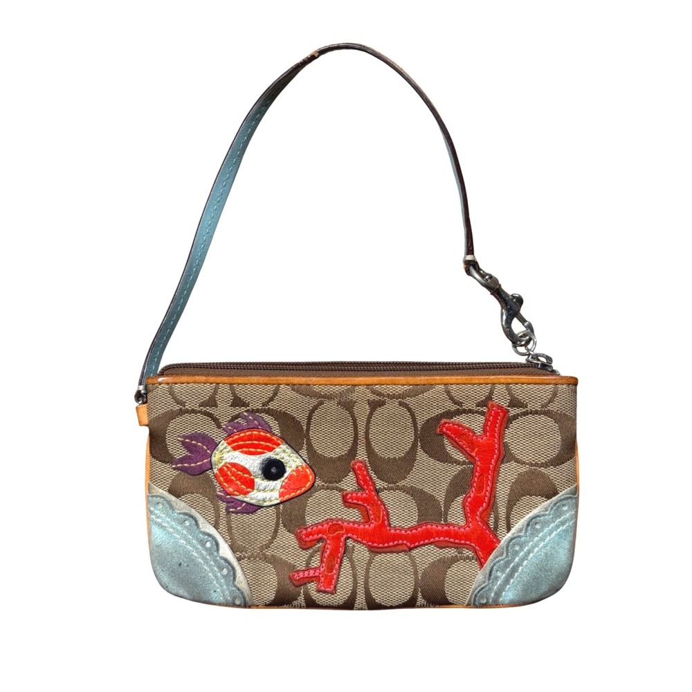 RARE Coach Signature Brown Canvas Fish Coral Applique Wristlet Bag 6.5x4
